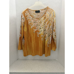 Bob Mackie Women 3/4 Sleeve Top Gold/Orange/White Abstract Floral Size M